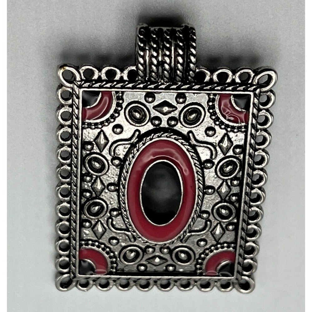 Silver Tone Pendant Retangular Black and Pink Enamel Accents